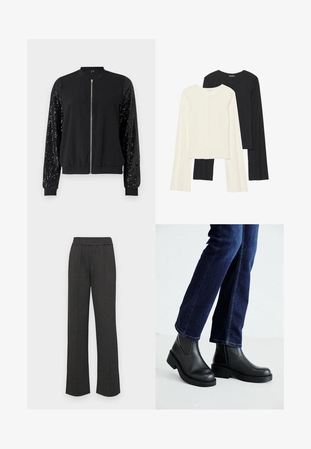 Schwarze Bomberjacke mit durchgehendem Reißverschluss, kontrastierenden, mit Pailletten verzierten Ärmeln, gerippten Bündchen und Saum sowie einem glatten Stoffkörper.; Set aus zwei Langarmoberteilen in Weiß und Schwarz. Rippstruktur, Rundhalsausschnitt, figurbetontes Design mit leicht ausgestellten Ärmeln.; Schwarze gerade geschnittene Hose mit elastischem Bund, vorderen Falten, weichem Stoff und ohne sichtbare Muster oder Hardware-Details.; Schwarze Lederstiefeletten mit einer dicken Sohle und seitlichen Elastikeinsätzen, kombiniert mit dunkelblauen Jeans. Der Boden ist hellfarbig.