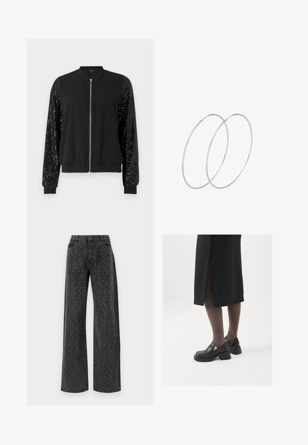 Musternmustel ehtiga tää”nn007 musta tehitus must hävelduda spordi mudeliga, lukkude ees, vastandvad kivikesed ehtisärgi pealmise osa, soonik varruka ja alläär, sile kangas koti keha.; Musternahkade pikkade varrukatega must bodi, millel on läbipaistev V-kujuline kaelus ja korraldatud õlavarre detail. Sile kangas, millel on vormiv kujundus.; Noisy May NMJANNEL LOOSE - Avar lõikega teksad - black denim; Mustad mustad jalatsid ümmarguse varbaga, paksu plokkniidi ja elastsete külgdetailidega, kombineeritud tumedate sukkade ja musta lõhikuga seelikuga.; Hõbedased rõngastikkaehingad minimalistlikus disainis. Ümar kuju, sile tekstuur ja õhuke profiil. Kerged ning poleeritud viimistlusega.