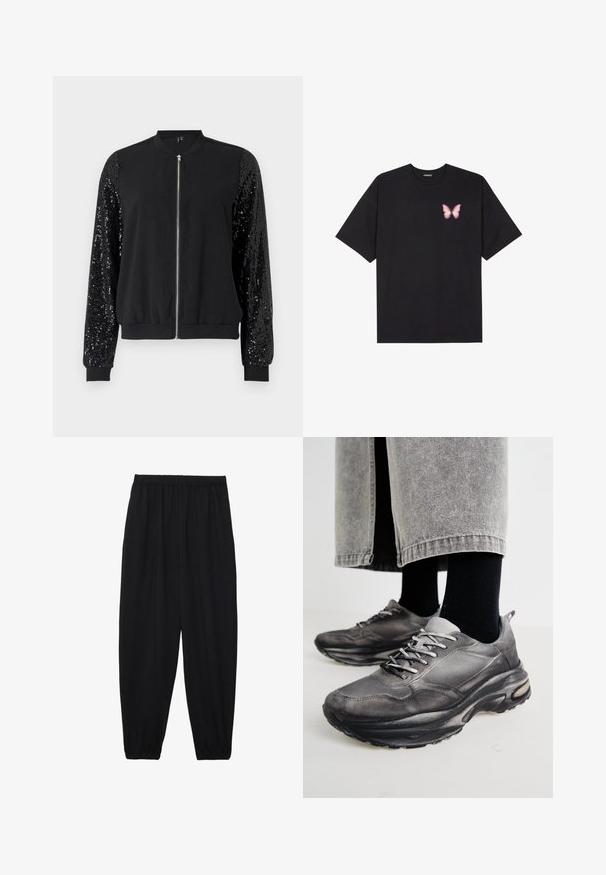 Schwarze Bomberjacke mit durchgehendem Reißverschluss, kontrastierenden, mit Pailletten verzierten Ärmeln, gerippten Bündchen und Saum sowie einem glatten Stoffkörper.; Schwarzes Baumwoll-T-Shirt mit kurzen Ärmeln, das ein kleines pinkes Schmetterlingsmotiv auf der linken Brust zeigt. Crewneck-Design mit einem entspannten Schnitt.; Schwarze, leichte Hosen mit einem elastischen Bund und gerafften Knöcheln. Der Stoff ist glatt und hat ein entspanntes, schmal zulaufendes Design.; Schwarze und graue Sportschuhe verfügen über ein Obermaterial aus Mesh, dicke Sohlen und Schnürsenkel. Sie haben eine abgerundete Zehenpartie und sichtbare Dämpfungsdetails.