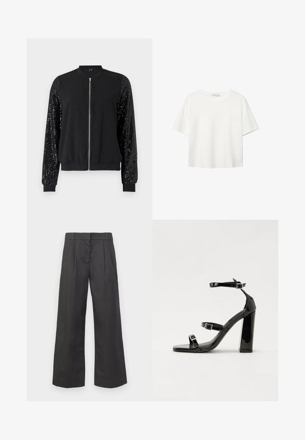 Černá bomber bunda se zipem vpředu, kontrastní rukávy zdobené flitry, žebrované manžety a lem, s hladkým tělem z látky.; Bílý krátký rukáv tričko vyrobené z bavlny. Má kulatý výstřih a volný střih. Hladký materiál bez viditelných vzorů nebo akcentů.; Kalhoty s širokými nohavicemi v černé látce, s vysokým pasem, předními sklady a decentními kapsami. Hladký povrch s čistým provedením.; Černé lakované sandály na podpatku se čtveratou špičkou, lýtkovými pásky a stříbrnými přezkami. Disponují masivním blokovým podpatkem pro stabilitu.