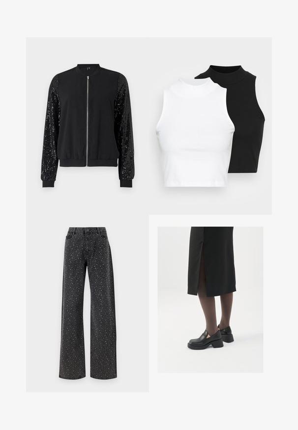 Zwarte bomberjack met een ritssluiting aan de voorkant, contrasterende mouwen versierd met pailletten, ribgebreide manchetten en zoom, met een gladde stoffen lijf.; Twee mouwloze ribgebreide coltruien in zwart en wit, met een slim fit ontwerp en een gladde textuur, met een cropped lengte.; Noisy May NMJANNEL LOOSE - Relaxed fit jeans - black denim; Zwarte leren schoenen met een ronde neus, dikke blokhak en elastische zijkanten, gecombineerd met donkere panty's en een zwarte rok met een split.