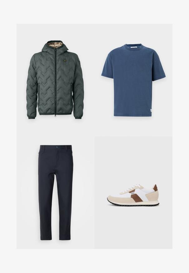 Zateplená bunda tmavozelenej farby s kapucňou, so zipsovým zapínaním, chevronovým prešívaním a elastickými manžetami. Podšitá kontrastným béžovým materiálom.; Námořnickomodré bavlněné tričko, krátke rukávy, okrúhly výstrih, pravidelný strih, jednoduchý dizajn, obsahuje malú označovaciu etiketu na leme.; Námornícky modré nohavice so strihom, vyrobené z hladkého materiálu, s vreckom na zips, rovnými nohavicami a gombíkovým zapínaním na páse.; Tenisky s kombináciou bielej sieťoviny a béžovej semišovej úpravy, s hnedým koženým akcentom. Guľatý špic, plochá gumová podrážka a šnurovací dizajn.