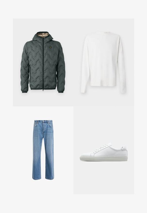 Padded jacket in dark green with a hood, featuring a zip closure, chevron quilting, and elastic cuffs. Lined with a contrasting beige material.; Long-sleeved white cotton shirt with a round neckline, side slits at the bottom, and a smooth texture, displayed from the back.; Light blue denim jeans with a straight-leg design, five pockets, button closure, minimal fading, and contrasting stitching details.; White sneaker with a smooth leather upper and a low profile. Features a rounded toe, six eyelets, and a textured rubber sole.