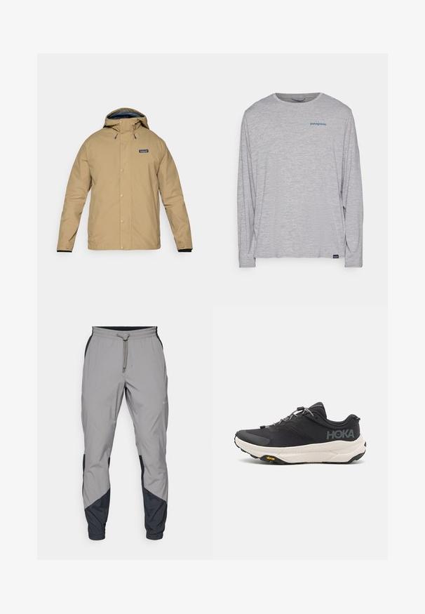 Bežinis vandeniui atsparus striukė su gaubtu, spaudžiamais mygtukais ir juodu pamušalu. Yra logotipo ženklelis kairėje krūtinės pusėje ir reguliuojamos rankovės.; Šviesiai pilka ilgomis rankovėmis marškinėliai, pagaminti iš minkštos, tekstūruotos medžiagos. Yra apvalus kaklas ir mažas mėlynas "Patagonia" logotipas krūtinėje.; Lengvas, pilkos sportinės kelnės su juodais akcentais. Elastingas juosmuo, raišteliu užsegimas, siaurėjantis kojų dizainas ir šoninės kišenės.; Juodos sportinės bateliai su tekstūruota viršutine dalimi, pilkų akcentų, atspindinčiomis detalėmis ir storu baltu padu su Vibram prekės ženklu.