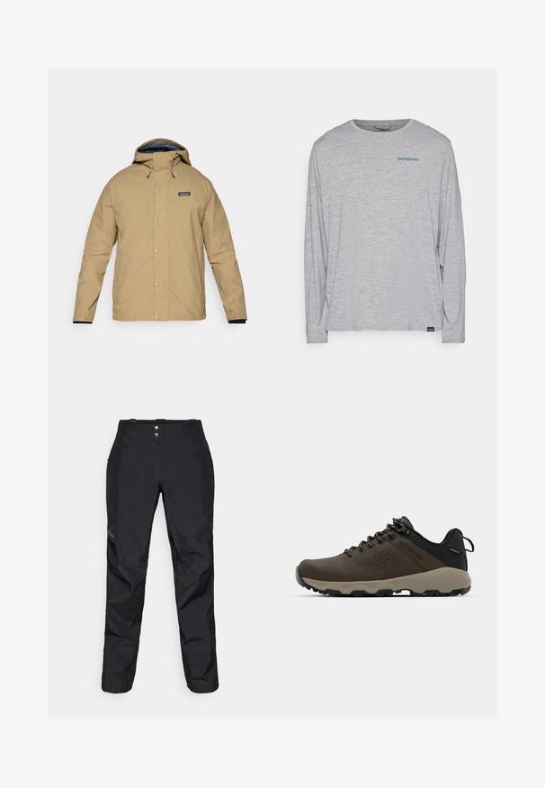 Bēša ūdensnecaurlaidīga jaka ar kapuci, sprādžu pogām un melnu iekšējo oderi. Iespējas ietver logotipa uzlīmi kreisajā krūtī un regulējamus piedurkņu galus.; Gaiši pelēks garām piedurknēm t-krekls, izgatavots no mīksta, teksturēta auduma. Ar apaļu izgriezumu un nelielu zilu Patagonia logotipu uz krūtīm.; Melni ūdensizturīgi bikses ar gludu tekstūru, kas aprīkotas ar diviem priekšējiem pogām un sašaurināta kāju dizainu. Uzsvars ar logotipu sānos.; Brūni ūdensnecaurlaidīgi sporta apavi ar teksturētu virsu, perforētiem akcentiem, melnu papēža atbalstu un pelēku gumijas zoli. Šņores veidotas ar metāliskiem galiem.