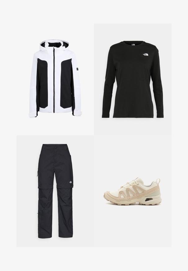 Black and white jacket featuring a zip front, hood, large black panels on chest, and two side pockets with zip closures. Smooth fabric texture.; Black long-sleeve t-shirt made of cotton with a round neck. Features a small white logo on the left chest area. Simple design and fit.; Black nylon zip-off cargo trousers with adjustable cuffs, multiple pockets, and a logo on the right leg. Smooth, lightweight texture.; Beige and cream athletic shoe with textured mesh upper, supportive overlays, and rubber outsole featuring a tread pattern for traction.