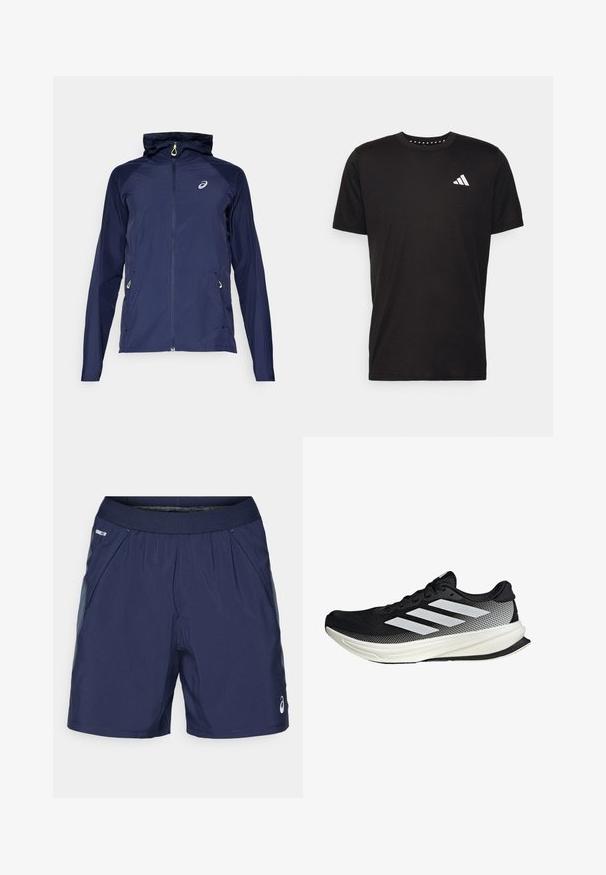 Marineblå hættejakke lavet af letvægtsmateriale med fuld lynlås, sidelommer og kontrastgule detaljer.; Sort bomulds T-shirt med korte ærmer, rund hals og et hvidt logo på venstre bryst. Glat tekstur og enkelt design.; Mørkeblå sportsshorts med elastisk talje, sidelommer og lysegrå detaljer. Fremstillet af let, glat stof for komfort.; Sort atletisk sko med mesh-design, der har hvide striber, en rund tå og en tekstureret sål for greb og støtte.