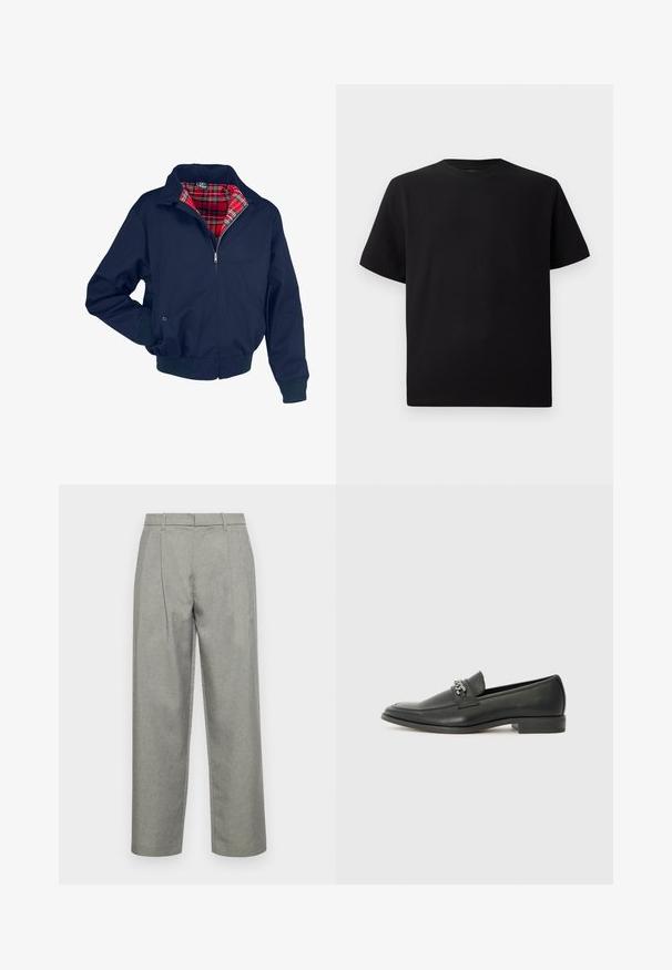 Navy blue bomber jacket with a red plaid lining, zip-front closure, ribbed cuffs, and waistband. Features a collar and pockets.; Black short-sleeve T-shirt made of textured fabric, featuring a round neckline and a relaxed fit. Simple, no patterns or accents.; Gray tailored trousers made of textured fabric, featuring a straight-leg design, front pleats, and a standard waistband with belt loops.; Black leather loafer with a smooth finish, featuring a stitched design and a decorative metal chain accent across the vamp. Flat heel.