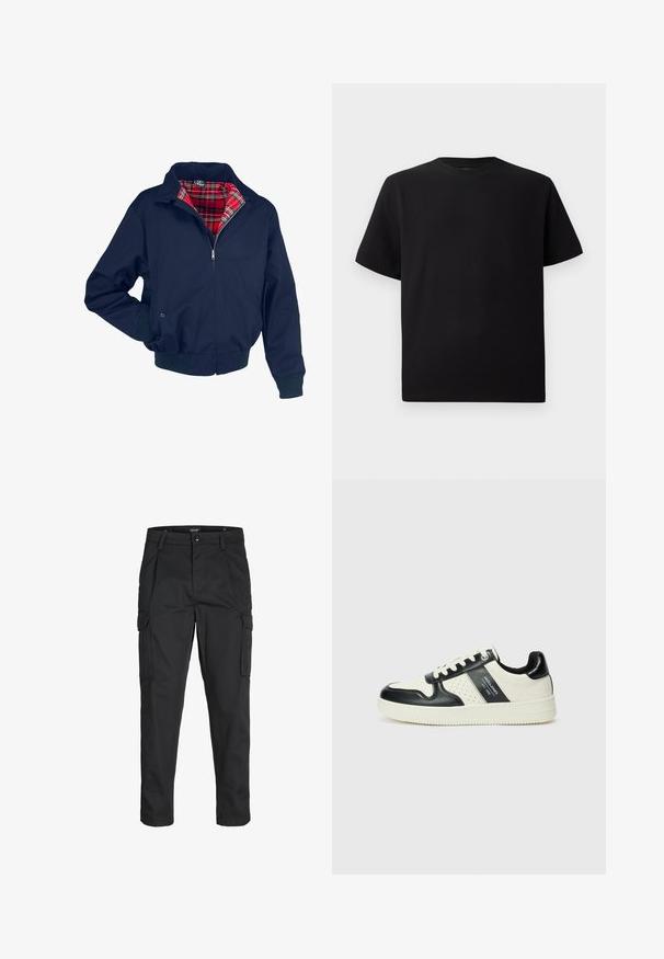 Tamsiai mėlynas bombonešis su raudonu languotu pamušalu, užtrauktuku priekyje, gumbinėmis rankovėmis ir juosmeniu. Yra apykaklė ir kišenės.; Juodas trumpomis rankovėmis marškinėliai, pagaminti iš tekstūruotos medžiagos, su apvaliu iškirpimu ir laisvu siluetu. Paprasti, be raštų ar akcentų.; Juodi krovinių tipo džinsai, pagaminti iš tvirto audinio, su keliais kišeniais, mygtuko uždarymu ir siauru, prigludusiu dizainu su siaurėjančiomis kojomis.; Odiniai sportbačiai juodos ir kreminės spalvų schemoje, su perforuotais akcentais, paminkštinta apykakle ir tekstūruotu padu.