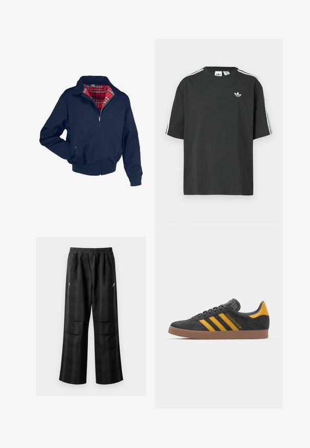 Námornícky modrá bomber bunda s červenou károvanou podšívkou, zapínanie na zips vpredu, žebrované manžety a pás. Obsahuje golier a vrecká.; Čierne bavlnené tričko s krátkymi rukávmi, okrúhlym výstrihom a bielymi tromi pruhmi na ramenách. Na hrudi je malý biely logo.; Čierne kockované nohavice s elastickým pásom, dvoma prednými vreckami a voľným strihom so rovnými nohavicami. Vyrobené z ľahkého materiálu.; Čierne semišové tenisky so žltými akcentmi, ktoré majú tri pruhy a hnedú gumovú podrážku. Obsahujú vypolstrovaný jazyk pre pohodlie.