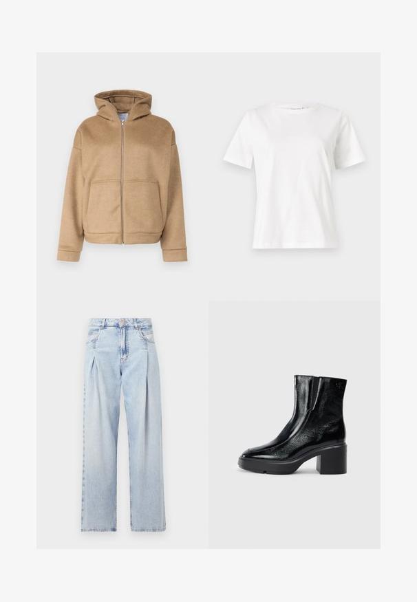 Krems krāsas sporta jaka ar rāvējslēdzēju, izgatavota no mīkstas auduma, ar kapuci, priekšējām kabatām un platām aprocēm. Vienkāršs dizains ar teksturētu apdari.; Baltas kokvilnas T-krekls ar īsām piedurknēm, apaļu kakla izgriezumu un brīvu piegriezumu. Gluda tekstūra, bez rakstiem vai akcentiem, minimālistisks dizains.; Gaiši zilas džinsu bikses ar augstu jostasvietu, plats kāju griezumu, divām sānu kabatām un krokotā dizaina akcentiem. Mīksta tekstūra ar izdilušu apdari.; Melnas lakotas ādas potītes zābaki ar izliekto purngalu, elastīgām sānu paneļiem un masīvu blokveida papēdi. Aizmugurē ir izsistā logo.