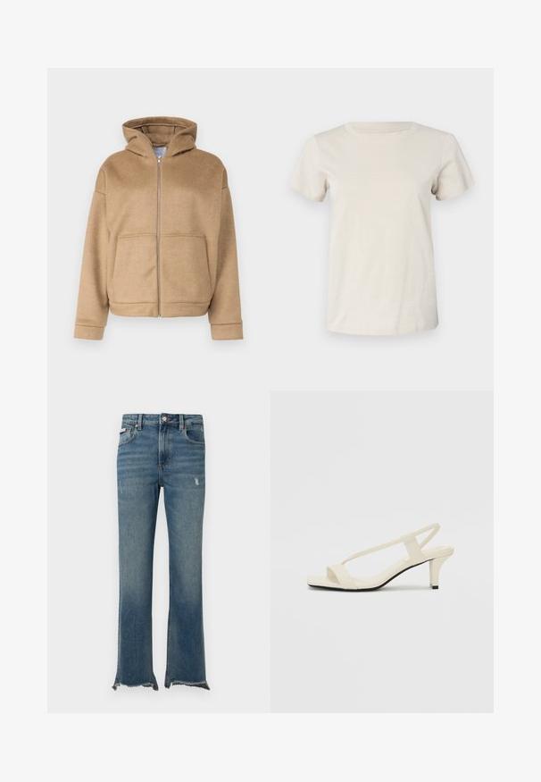 Béžová mikina na zip vyrobená z měkké tkaniny, s kapucí, předními kapsami a širokými manžetami. Jednoduchý design s texturovaným povrchem.; Světlé béžové tričko s krátkým rukávem z bavlny, kulatým výstřihem a jemným textovým detailem na přední straně. Hladká textura a uvolněný střih.; Modré džíny z denimu s mírným opráním, neupravenými třepenými lemy, předními kapsami, poutky na opasek a zapínáním na knoflík.; Krémové sandály na bloku s tenkými popruhy a čtveratou špičkou. Hladký materiál s minimálními detaily, navržené pro snadné nošení.
