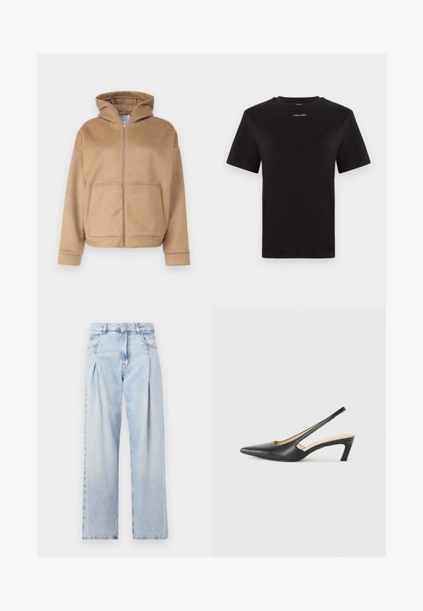 Beżowa bluza zapinana na zamek, wykonana z miękkiego materiału, z kapturem, kieszeniami z przodu i szerokimi mankietami. Prosty design z teksturowanym wykończeniem.; Czarny t-shirt bawełniany z krótkimi rękawami, okrągłym dekoltem i małym białym logo "Calvin Klein" na piersi. Gładka struktura, klasyczny krój.; Jasnoniebieskie dżinsy z wysokim stanem, szerokimi nogawkami, dwoma bocznymi kieszeniami oraz plisowanym wzorem. Miękka tekstura z wyblakłym wykończeniem.; Czarny but na obcasie typu slingback z ostro zakończonym noskiem, z niskim obcasem, wykonany z gładkiej skóry, z wycięciem po boku dla lepszej wentylacji.