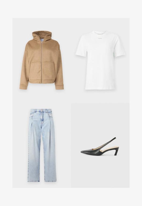 Tan zip-hættejakke lavet af blødt stof, med hætte, forlommer og brede manchetter. Enkel design med en struktureret overflade.; Hvid bomulds t-shirt med rund hals, korte ærmer og et lille sort "Calvin Klein" logo på brystet. Enkel design uden mønstre.; Lyseblå denim jeans med høj talje, bred benåbning, to sidelommer og plisseret design. Blød tekstur med et falmet finish.; Sorte spidse slingback-sko med en lav hæl, lavet af glat læder og med udskæringer på siden for åndbarhed.