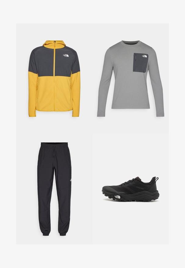 Κίτρινη και γκρι ζακέτα με φερμουάρ και κουκούλα, με υφή στην επάνω περιοχή, λεία κάτω περιοχή και πλαϊνές τσέπες. Λογότυπο της μάρκας στο στήθος.; Γκρι μακρυμάνικο πουκάμισο με υφή, διαθέτει σκούρο γκρι τσέπη στο στήθος και κλείσιμο με φερμουάρ. Λογότυπο στην τσέπη σε λευκό χρώμα.; Μαύρη αθλητική παντελόνι κατασκευασμένο από ελαφρύ ύφασμα, με ζώνη που ρυθμίζεται με κορδόνι, πλευρικές τσέπες και στενές μανσέτες στους αστραγάλους.; Μαύρο αθλητικό παπούτσι τρεξίματος με υφασμάτινο άνω μέρος, καουτσούκ σόλα και ενισχυμένη μύτη. Διαθέτει επενδεδυμένο κολάρο και θηλιά στα πίσω για εύκολη φορεσιά.