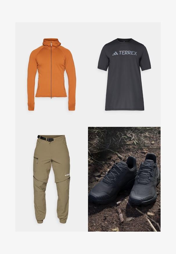 Houdini POWER - Fleecejas - cinnamon brown; Zwarte korte mouwen t-shirt van lichtgewicht stof, met een lichtgrijze "TERREX" logo over de borst en een ronde hals.; Khaki outdoor broek met een verstelbare zwarte riem, ritszakken, taps toelopende mouwen en afneembare onderbenen voor veelzijdige styling.; Zwarte sportieve schoenen met een gestructureerde gebreide bovenkant, verstevigde neus en een gevoerde zool, tentoongesteld op aardse grond met verspreide takjes.