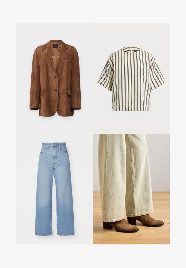 WEEKEND MaxMara OGGI - Leather jacket - terra; Short-sleeve, striped top in cream and navy, featuring a round neckline and boxy design with a textured fabric.; Light blue high-waist wide-leg jeans with front button and zip closure, front and back pockets, on a white background.; Brown suede ankle boots with a pointed toe and a chunky black heel, worn with light-colored wide-leg jeans, on a wooden floor.