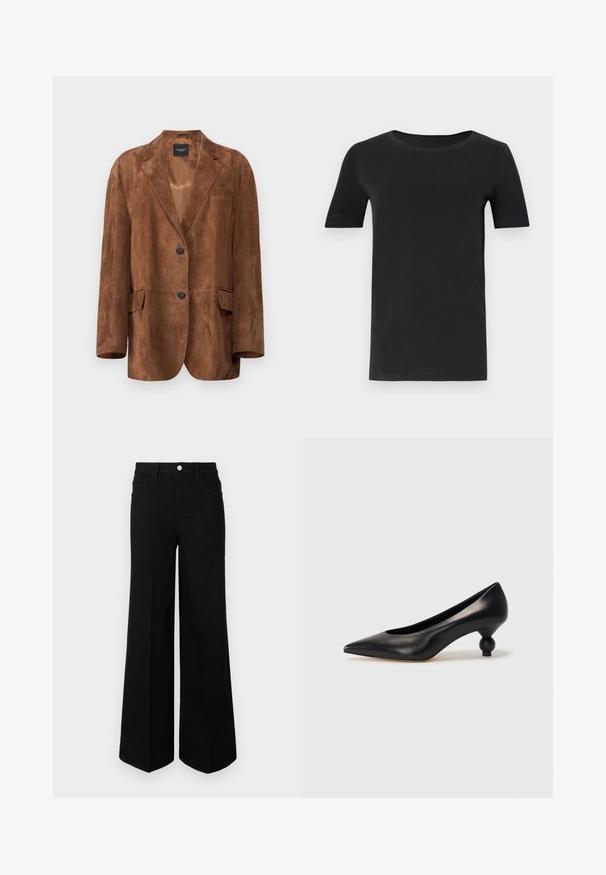WEEKEND MaxMara OGGI - Leather jacket - terra; Black short-sleeve t-shirt made of soft cotton, with a round neckline and a classic fit. Smooth texture, no patterns or embellishments.; Black wide-leg jeans made of sturdy fabric, featuring a high waist, front pockets, and a front button closure. Flat hem at the bottom.; Black leather high heel shoe with a pointed toe and a round, balled heel. Smooth texture with a sleek, minimal design.