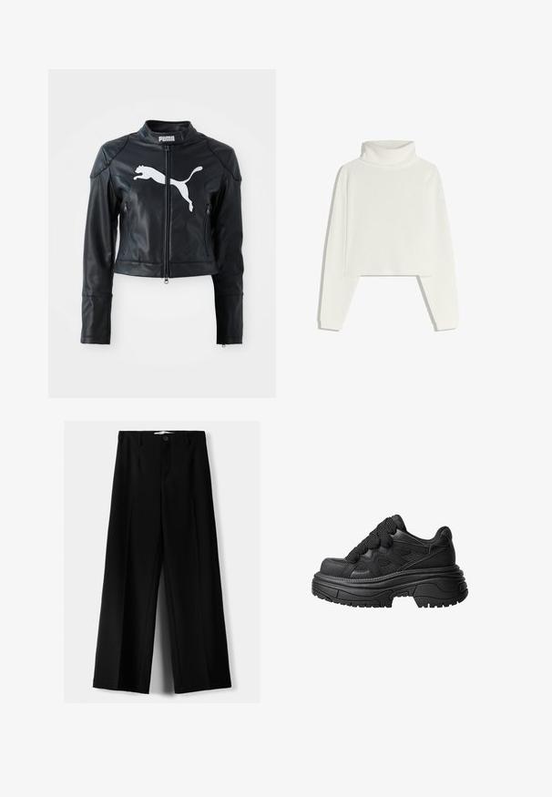 Crna kožna skraćena jakna s uspravnim ovratnikom, prednjim patentnim zatvaračem i dva patentna džepa. Sadrži bijeli Puma logo na prsima.; Bijeli rebrasti pulover s visokim ovratnikom, dugim rukavima i skraćenim dizajnom, izrađen od mekog materijala. Ima visoki, strukturirani ovratnik i prilagođene manžete.; Crne široke hlače izrađene od lagane tkanine, s prednjim zatvaranjem na dugme i ravnim prednjim dijelom, sa uredno šivenim rubovima.; Crne chunky tenisice s teksturiranim gornjim dijelom, koje imaju širok potplat, okrugli vrh i debele vezice. Vidljivi su mrežasti paneli i gumeni detalji.