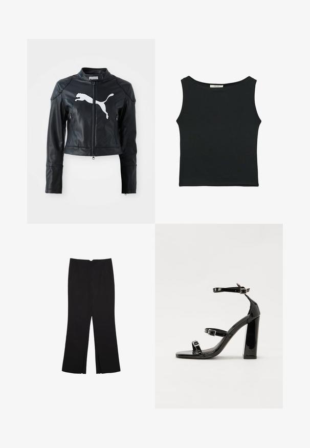 Čierna kožená skrátená bunda s stojatým golierom, predným zipsom a dvomi zipsovými vreckami. Na hrudi sa nachádza biele logo Puma.; Čierny bezrukávový top vyrobený z hladkej tkaniny, s okrúhlym výstrihom a priliehavým strihom bez viditeľných vzorov alebo ozdôb.; Čierne nohavice so strihom rovného strihu, s prednými vreckami a bočnými rozparkami na leme. Vyrobené z mäkkej, hladkej tkaniny. Vhodné na rôzne príležitosti.; Čierne lakované sandále na podpätku so štvorcovou špičkou, navlečenými remienkami okolo členku a striebornými prackami. Disponujú masívnym blokovým podpätkom pre stabilitu.