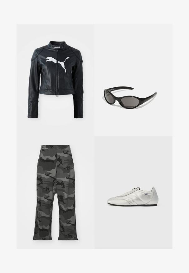 Sort læder cropped jakke med stående krave, frontlynlås og to lynlås lommer. Har et hvidt Puma-logo på brystet.; Sort cropped t-shirt med korte ærmer, rund halsudskæring, lavet af glat stof. Minimalistisk design uden synlige mønstre eller accenter.; Kamuflage sweatpants i nuancer af sort og grå, med elastisk talje, afslappet pasform og lette slidser i bunden af benene.; Sølv atletiske sko med en glat læderfinish, der har syede detaljer, en rund tå og en lavprofil sort gummisål.; Sorte solbriller med oval form og mørke linser. Strømlinet plastisk stel med teksturerede detaljer på stængerne. Branding på siden.; Gul polstret jakke med høj krave og frontlomme, parret med en sort crossover-taske med guldfarvet hardware. Casual denim bukser.