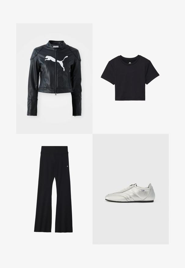Jaqueta cropped de couro preto com colarinho alto, fecho à frente e dois bolsos com zíper. Apresenta um logo branco da Puma no peito.; T-shirt cropped preta com mangas curtas, decote redondo, feita de um tecido suave. Design minimalista sem padrões ou acentos visíveis.; Calças de yoga pretas em tecido elástico, apresentando uma cintura larga e um pequeno logótipo perto do quadril. Textura suave, sem padrões.; Sapatilhas atléticas prateadas com um acabamento em couro suave, apresentando detalhes costurados, uma biqueira arredondada e uma sola de borracha preta de perfil baixo.