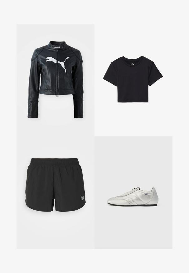 Jachetă scurtă din piele neagră, cu guler în picioare, fermoar frontal și două buzunare cu fermoar. Prezintă un logo alb Puma pe piept.; Tricou scurt negru cu mâneci scurte, decolteu rotund, realizat dintr-un material fin. Design minimalist, fără modele sau accente vizibile.; Șorturi atletice negre cu un elastic la talie, confecționate dintr-un material ușor. Prezintă un mic logo gri în colțul din dreapta jos.; Pantofi sport argintii cu un finisaj din piele netedă, având detalii cusute, vârf rotund și o talpă din cauciuc negru cu profil redus.