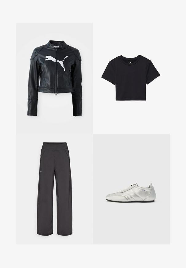 Črna usnjena kratka jakna s stoječim ovratnikom, sprednjim zadrgo in dvema žepoma z zadrgo. Na prsih je bela Puma značka.; Črna kratka majica s kratkimi rokavi, okroglim izrezom, izdelana iz gladkega blaga. Minimalističen dizajn brez vidnih vzorcev ali dodatkov.; Črne atletske hlače z širokim pasom, stranskimi žepi in ravnimi šivi. Imajo majhen logotip na levi nogi. Narejene so iz gladkega, raztegljivega materiala.; Srebrni atletski čevlji z gladkim usnjenim zaključkom, z našitki, zaobljeno konico in črnim gumijastim podplatom nizkega profila.