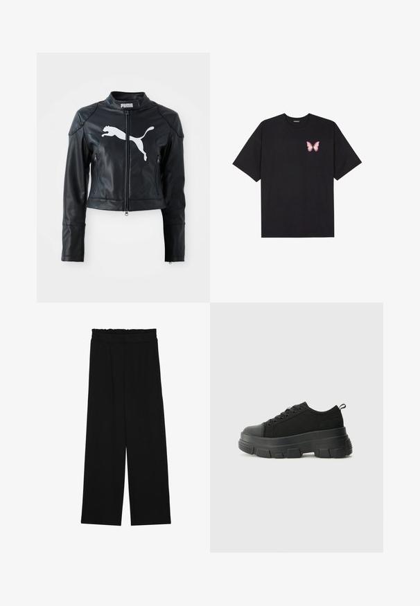 Chaqueta corta de cuero negro con cuello alzado, cremallera frontal y dos bolsillos con cremallera. Presenta un logo blanco de Puma en el pecho.; Camiseta de algodón negra de manga corta, con un pequeño gráfico de mariposa rosa en el lado izquierdo del pecho. Diseño de cuello redondo con un corte relajado.; Pantalones de pierna ancha negros con una cintura con volantes, que cuentan con dos bolsillos laterales y una tela suave y ligera. Sin patrones visibles ni accesorios.; Zapatillas negras con suela de goma gruesa, parte superior de tela texturizada, punta redonda y diseño con cordones. Presenta ojales reforzados y tirador en la parte trasera.
