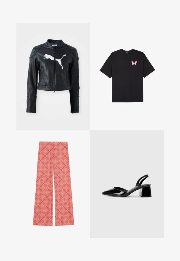 Melna ādas īsā vēja jakā ar stāvošu apkakli, priekšējo rāvējslēdzēju un divām rāvējslēdzēju kabatām. Uz krūškurvja atrodas balts Puma logo.; Melna kokvilnas T-krekls ar īsām piedurknēm, kuram priekšā kreisajā pusē ir neliels rozā tauriņa grafiskais attēls. Ar apaļu kaklu un brīvā stila piegriezumu.; Plaši bikses, izgatavotas no ražotā auduma korallkrāsā ar režģa rakstu un šķērsotām līnijām tumšāk sarkanā krāsā. Mīksta tekstūra, brīvs piegriezums.; Melna lakota āda ar atvērto papēdi, ar smailu purngalu un ģeometrisku blokpapēdi. Iezīmējas elegants, minimāls dizains un gluda tekstūra.