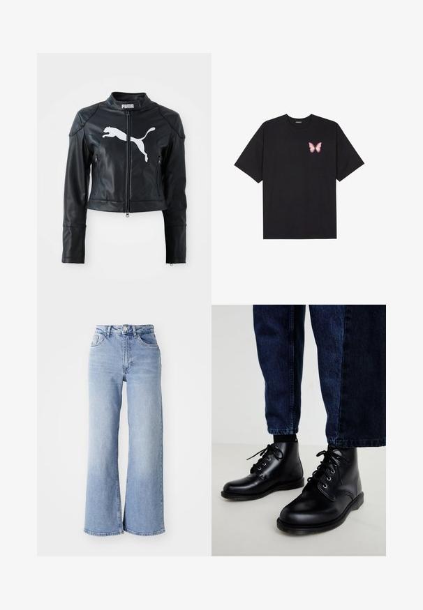 Crna kožna skraćena jakna s uspravnim ovratnikom, prednjim patentnim zatvaračem i dva patentna džepa. Sadrži bijeli Puma logo na prsima.; Crna pamučna majica s kratkim rukavima, s malim grafičkim prikazom ružičaste vjetricaste s desne strane na prsima. Dizajn s okruglim izrezom i opuštenim krojem.; Svijetloplave traperice visokog struka širokih nogavica s prednjim i stražnjim džepovima, kopčanjem na gumbi i suptilnim izblijedjenjem na bedrima i rubovima.; Crne kožne gležnjače s okruglim nožnim prstima, čipkastim dizajnom i metalnim rupicama. Nosi se s tamnoplavim trapericama ravnog kroja.