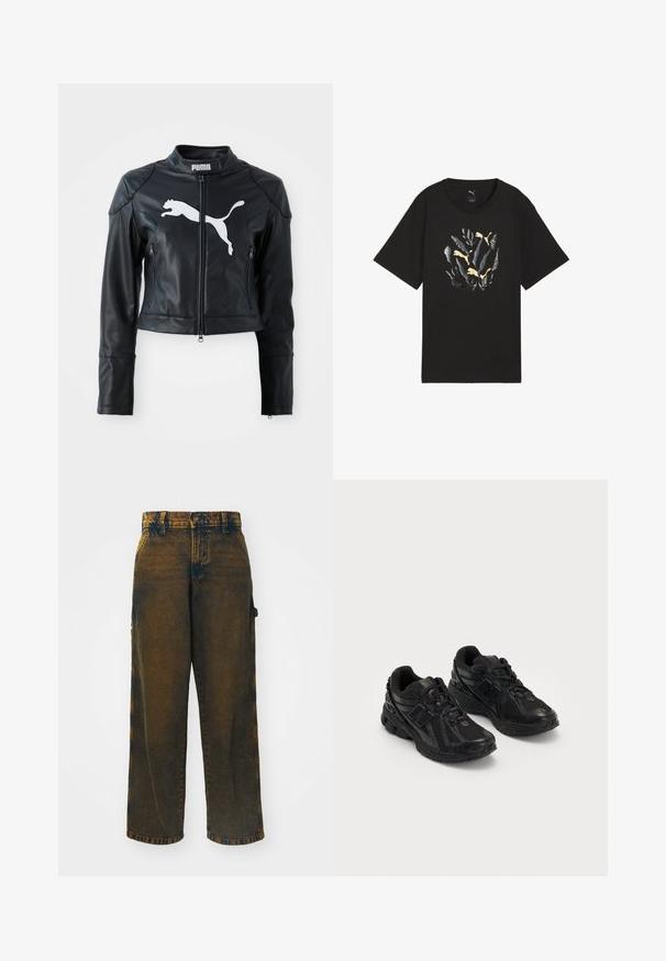 Sort læder cropped jakke med stående krave, frontlynlås og to lynlås lommer. Har et hvidt Puma-logo på brystet.; Sort bomulds t-shirt med et bladdesign i nuancer af grå med guld accenter, korte ærmer og rund halsudskæring.; Bredbenede jeans lavet af denim, i en falmet mørkebrun farve med lysere accenter, en klassisk fem-lomme design og en knaplukning.; Sorte atletiske sko lavet af mesh og syntetiske materialer. Har en polstret sål, teksturerede mønstre og præget branding på siden.