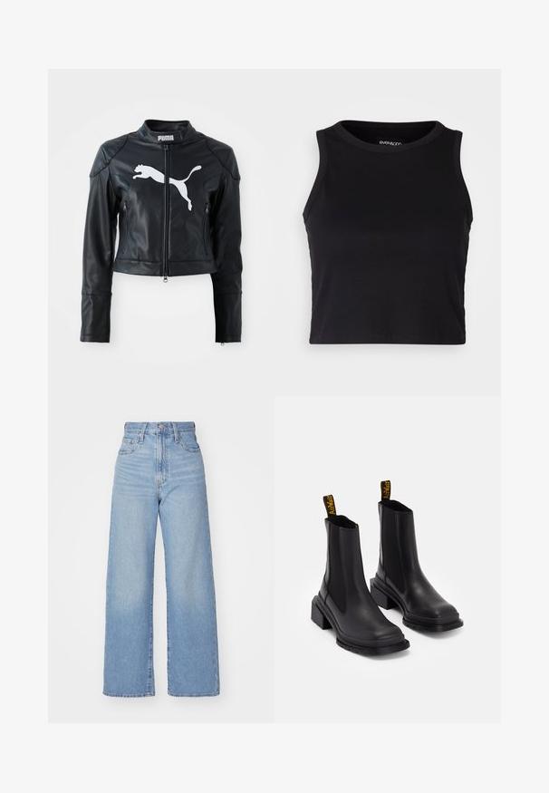 Juodas odinis trumpas švarkas su stovinčiu apykakle, priekine užtrauktuku ir dviem užtrauktukais uždaromomis kišenėmis. Pasižymi baltu Puma logotipu ant krūtinės.; Juodas kanalų rašto trumpas topas su apvaliu iškirpimu ir be rankovių dizainu. Pagaminta iš minkštos, elastingos medžiagos, kurios kraštai tvarkingai apdirbti.; Šviesiai mėlynos aukšto liemens plačios kojos džinsai su priekiniais užtrauktukais ir sagom, priekinėmis ir galinėmis kišenėmis, ant baltos fono.; Juodi kulkšniniai batai, pagaminti iš lygaus odos, su elastingais šonų paneliais, kvadratiniais pirštais ir storu kulnu. Yra geltoni prekės ženklo užtrauktukai.