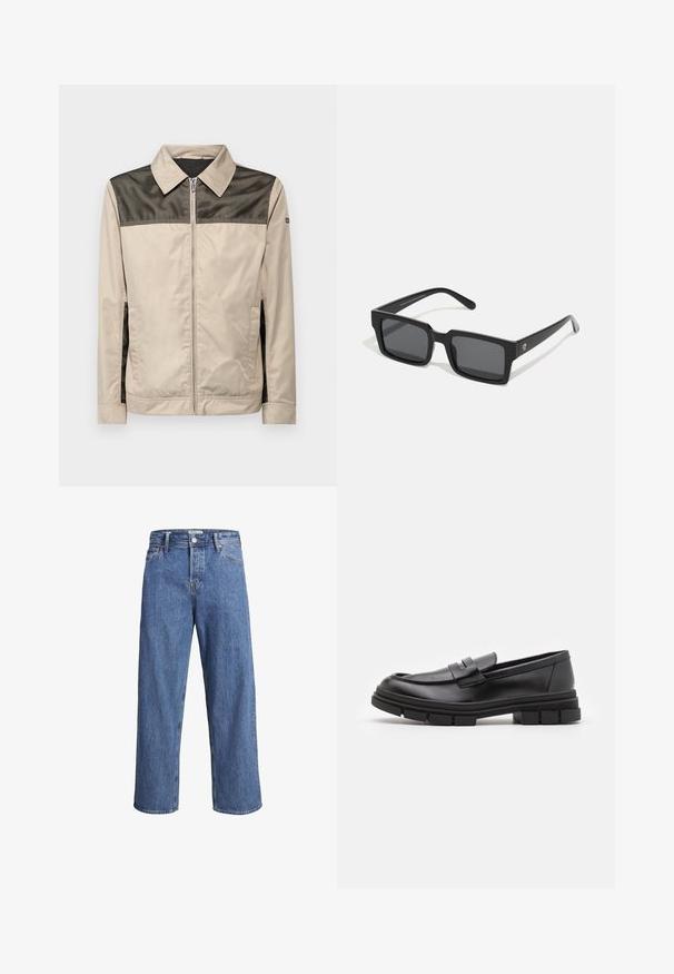 Bežs žakets ar melnu sietu paneli plecu rajonā. Aprīkots ar apkakli, priekšējo rāvējslēdzēju un sānu kabatām. Gluda tekstūra.; Melns augsti stāvošs džemperis, kas izgatavots no mīksta adījuma materiāla. Tam ir garas piedurknes, ribota apkakle un apakšmala. Vienkāršs, elegants dizains bez rakstiem.; Gai zila denima bikses ar taisnu kāju dizainu, augstu jostasvietu un minimālu šuvju detaļu. Audumam ir mīksta, nedaudz izbalējusi tekstūra.; Melni ādas loafers ar gludu apdari, ar priekšējo siksniņu un masīvu gumijas zoli ar izgriezumiem.; Melni taisnstūra saulesbrilles ar tumšiem lēcām; izgatavotas no plastmasas, ar gludu apdari, bieziem rāmjiem un diskrētu zīmolu uz sāniem.