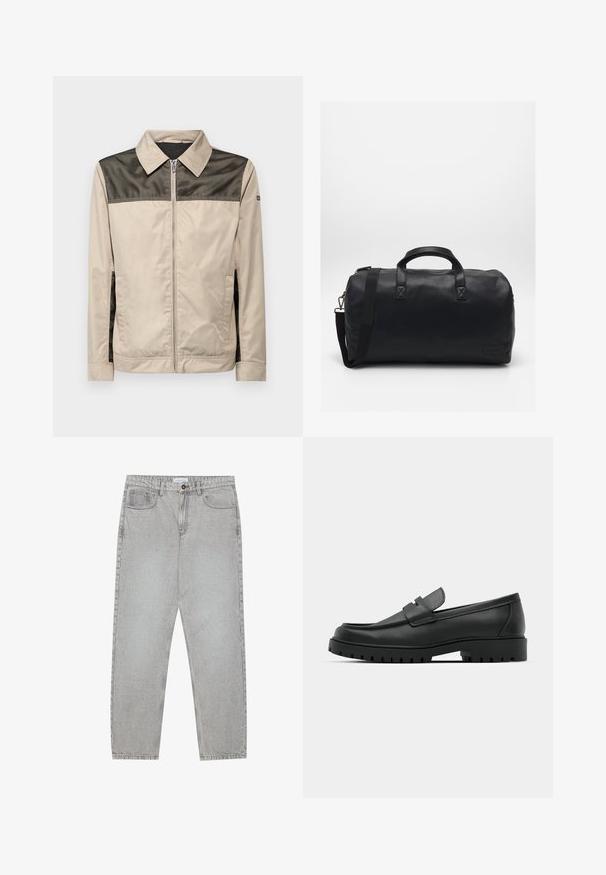 Béžová bunda s čiernou sieťovanou panelu na pleciach. Má golier, predný zips a bočné vrecká. Hladký povrch.; Čierny pulóver so zipsom na golieri, dlhými rukávmi, rebrovanými manžetami a lemom, vyrobený z mäkkej, hladkej tkaniny.; Svetlošedé denimové nohavice s rovným strihom, piatimi vreckami a zapínaním na gombík. Viditeľné švy pozdĺž švov.; Čierne kožené mokasíny s okrúhlou špičkou, s prešitým dizajnom, nízkou platformou a textúrovanou, zúbkovanou gumovou podrážkou.; Čierna športová taška vyrobená z textúrovaného syntetického materiálu. Má dve uši a nastaviteľný ramenný popruh. Jednoduchý dizajn bez viditeľných vzorov.