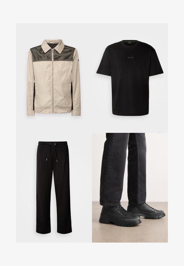 Bež jakna s crnom mrežastom pločom na ramenima. Ima ovratnik, prednji patentni zatvarač i bočne džepove. Glatka textura.; Crna pamučna majica kratkih rukava s okruglim izrezom i suptilnim reljefnim logom "BOSS" u središtu. Jednostavan, minimalistički dizajn.; Crne, široke trenirke od mekog materijala, s elastičnim pojasom i vezicom, te bočnim džepovima.; Crne vezane tenisice s robusnom, teksturiranom potplatkom i glatkim gornjim dijelom. Imaju metalne rupice za vezanje i rebrasti akcent oko prsta.