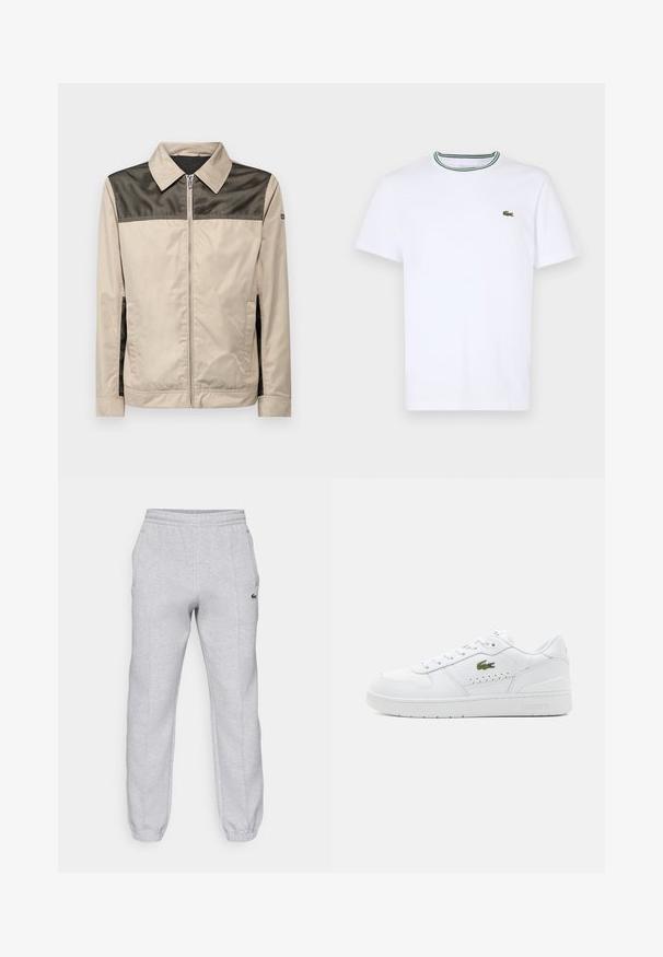 Beige dzseki fekete hálós panelekkel a vállakon. Nyakvédőt, elülső cipzárt és oldalsó zsebeket tartalmaz. Simás textúra.; Fehér pamut, rövid ujjú póló bordás gallérral, zöld és fekete csíkokkal; kis zöld hímzett logó a bal mellen.; Lacoste Tréningruha alsók - silver chine; Fehér bőr sportcipők perforált részletekkel, lapos fűzőkkel, és egy kis zöld logóval az oldalon. Gumitalp és párnázott gallér a kényelem érdekében.