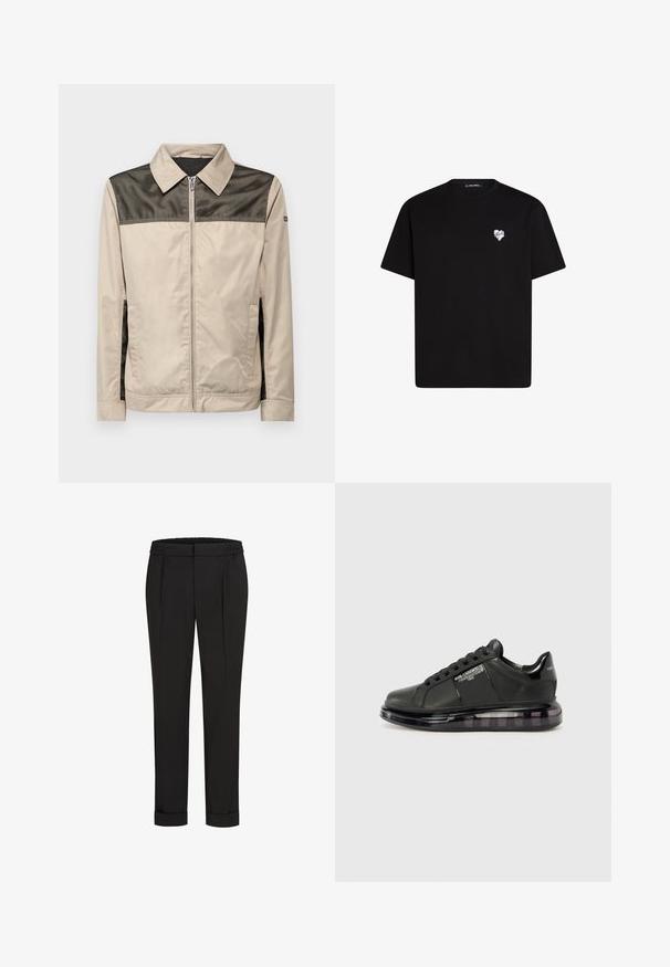 Bežs žakets ar melnu sietu paneli plecu rajonā. Aprīkots ar apkakli, priekšējo rāvējslēdzēju un sānu kabatām. Gluda tekstūra.; Melna kokvilnas t-krekls ar īsām piedurknēm, apaļu kakla izgriezumu un nelielu baltu sirds grafiku kreisajā krūšu daļā.; Melni bikses ar elastīgu jostu, ar taisna piegriezuma dizainu un sarullētām piedurknēm. Izgatavotas no gluda, auduma bez rakstiem.; Melnas sporta kurpes ar gludu ādas virsu, noapaļotu purngalu un saistīšanas dizainu. Iezīmē skaidru, mīkstu zoli ar tumšu gradientu.