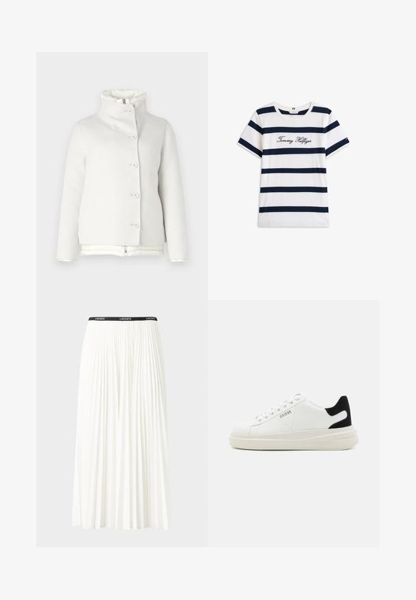 Baltas, mygtukų užsegimas paltas su aukštu apykakle ir siūtu vidiniu pamušalu. Minkšta tekstūra, tiesus kirpimas, priekyje turi penkis mygtukus.; Baltos medvilninės marškinėliai su horizontaliomis tamsiai mėlynomis juostelėmis. Ant krūtinės išsiuvinėtas „Tommy Hilfiger“ rašmuo. Apvalus iškirpimas.; Pleated balta sijonas su juodu elastiniu juosmeniu, ant kurio yra "LACOSTE" logotipas. Vidutinio ilgio dizainas su švelnia tekstūra.; Baltos odinės sportbačiai su storu baltu padu, juodu nubuko kulno akcentu ir iškilmingu logotipu šone. Su raišteliais, turinčiais šešis akinius.