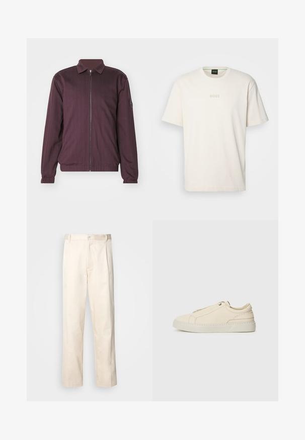 BOSS BOSS X PORSCHE - Bomber tipa jaka - open red; BOSS TEE - Pamata T-krekls - open white; Bežā krāsā auduma bikses ar taisnu kāju griezumu, pievienotām pogu aizdares un priekšējiem krokām papildu detaļām.; Bežīga ādas kedas ar noapaļotu purngalu, minimālistisku dizainu, smalkiem stīgām un teksturētu virsmu uz gaišas zoles.