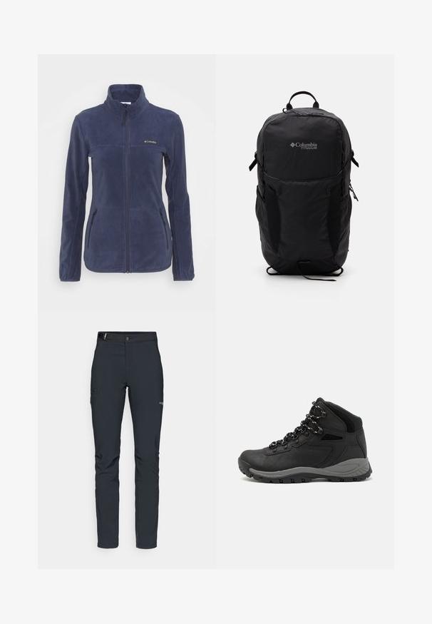 Giacca in pile navy con zip frontale, colletto alto, due tasche laterali e un piccolo logo sul petto. Tessuto morbido, design aderente.; Maglietta nera Columbia con arte lineare bianca di una montagna circolare e un fiume, e il testo "Columbia Sportswear Company Outside Since 1938."; Pantaloni da uomo per attività all'aperto, grigio scuro, realizzati in materiale elastico, dotati di cintura, tasche con zip e cuciture rinforzate.; Stivale da trekking nero con design a metà altezza, dotato di una tomaia texturizzata, accenti grigi e suola in gomma resistente con tasselli per la trazione.; Zaino Columbia Titanium nero con una texture di tessuto liscia, tasche laterali, maniglia superiore e spallacci regolabili. Design minimalista con branding discreto.