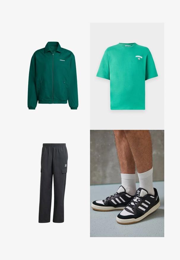 Jardineira leve e verde com fecho de correr, feita de material sintético. Apresenta um colarinho, punhos elásticos e dois bolsos laterais. Logotipo da Adidas presente.; T-shirt de algodão verde com decote redondo, mangas curtas e o logótipo "ADIDAS" bordado no peito, apresentando um detalhe floral abaixo do texto.; Calças cargo pretas com um cós elástico, dois bolsos laterais e um logótipo subtil na coxa esquerda. Feitas de um tecido leve.; Ténis em preto e branco com upper em camurça e couro, apresentando três riscas brancas, um toe perfurado e uma sola em borracha de goma.
