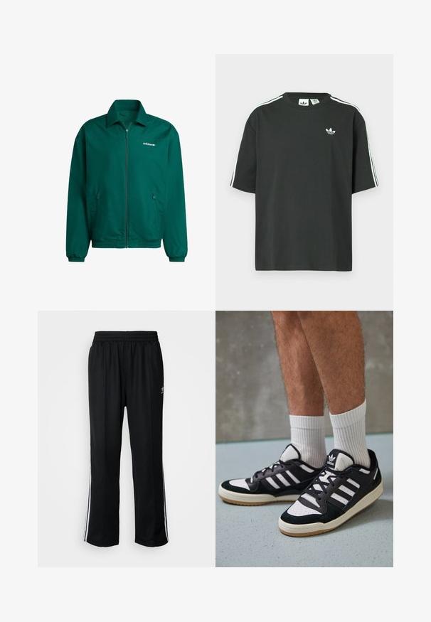 Grønn lettvekts zip-up jakke laget av syntetisk materiale. Har krage, elastiske mansjetter og to sidelommer. Adidas-logo er til stede.; Svart t-skjorte i bomull med korte ermer, rund hals og hvite trestripesdetaljer på skuldrene. Har en liten hvit logo på brystet.; Sorte treningsbukser med elastisk midjebånd, med hvite sidestiper og en liten logo. Materialet ser mykt og lett ut.; Sorte og hvite sneakers med overdel i semsket skinn og lær, med tre hvite striper, perforert tå og en såle av gummi.