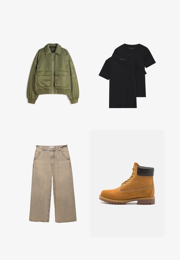 Olivově zelená bomber bunda vyrobená z lehké látky, s předním zipem, dvěma předními kapsami a žebrovanými manžetami a lemem.; Dvě černé bavlněné tričko s krátkým rukávem, kulatým výstřihem a hladkou texturou, vystavené naskládané k sobě.; PULL&BEAR MEGA BAGGY - Baggy džíny - light grey; Hnědé semišové kotníkové boty s černým polstrovaným límcem, zlatými kovovými očky, bílým prošíváním a odolnou gumovou podrážkou s výraznými drážkami.