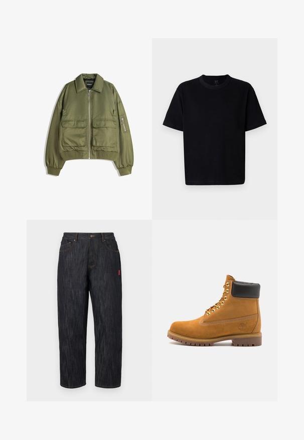 Giacca bomber verde oliva realizzata in tessuto leggero, con zip frontale, due tasche anteriori e polsini e orlo a costine.; Maglietta nera in cotone con scollatura rotonda, maniche corte e taglio dritto. Presenta cuciture minime e una texture morbida e liscia.; Jeans in denim scuro con una vestibilità ampia. Presentano una chiusura a bottone, cinque tasche e cuciture arancioni a contrasto. Etichetta rossa sul lato.; Stivale alla caviglia in suede tan con collare imbottito nero, occhielli in metallo dorato, dettagli in cucitura bianca e suola in gomma robusta con battistrada pronunciato.