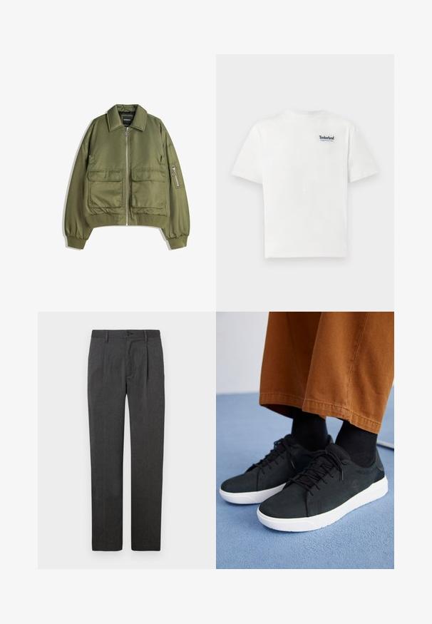 Olive green bomber jacket made of lightweight fabric, featuring a zip front, two front pockets, and ribbed cuffs and hem.; White cotton t-shirt featuring a blue embroidered "Timberland Rugged Active Gear" logo on the upper left chest. Short sleeves and round neck.; Gray tailored trousers with a straight-leg fit, featuring a front pleat, zip fly, and button closure. Smooth texture, classic design.; Black suede sneakers with white rubber soles, featuring lace-up design, textured accents, and subtle branding, paired with brown pants.