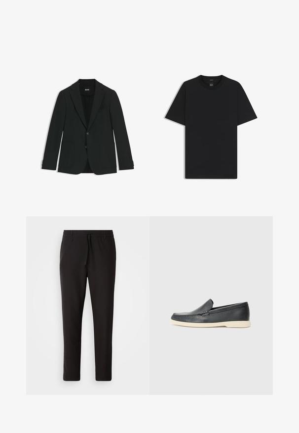 Blazer nero realizzato in tessuto liscio. Presenta due tasche frontali, rever a punta, due bottoni e cuciture dettagliate sui polsini delle maniche.; Maglietta nera a maniche corte realizzata in un morbido misto cotone, con scollatura a girocollo e un design minimalista senza motivi o dettagli.; Pantaloni jogger neri realizzati in tessuto liscio. Presentano una vita elasticizzata con stringa, gambe affusolate e senza tasche visibili. Design semplice.; Mocassini neri in pelle con finitura testurizzata e suola in gomma beige a contrasto. Presentano un accento sottile lungo la parte anteriore.