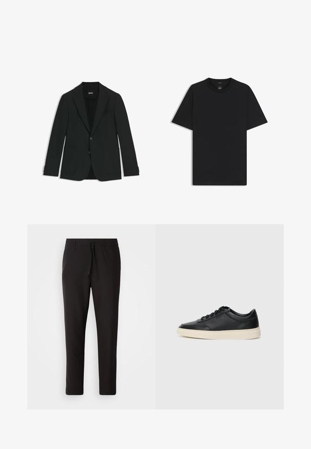 Czarna marynarka wykonana z gładkiego materiału. Posiada dwie przednie kieszenie, klapy z wycięciem, dwa guziki oraz szczegółowe przeszycia na mankietach.; Czarny t-shirt krótki rękaw wykonany z gładkiej mieszanki bawełny, z okrągłym dekoltem i minimalistycznym designem bez wzorów czy akcentów.; Czarne spodnie dresowe wykonane z gładkiego materiału. Posiadają elastyczny pas ze sznurkiem, zwężane nogawki oraz brak widocznych kieszeni. Prosty design.; Czarne niskie skórzane sneakersy z czarnymi sznurówkami i off-white podeszwą, prezentowane w profilu bocznym na białym tle.