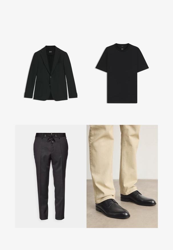 Svart blazer gjord av slät tyg. Har två framfickor, notch-lapelkrage, två knappar och detaljerad sömnad på ärmsluten.; Svart kortärmad T-shirt i en mjuk bomullsblandning, med rundad halsringning och en minimalistisk design utan mönster eller detaljer.; Svarta skräddarsydda byxor med dragsko i midjan, plisserad front och uppvikta fållar. Tillverkade av ett slätt tyg med en strukturerad passform.; Svarta läderskor med snörning, rund tå, slät yta och subtila sömdetaljer, bärs med ljusbeige byxor.