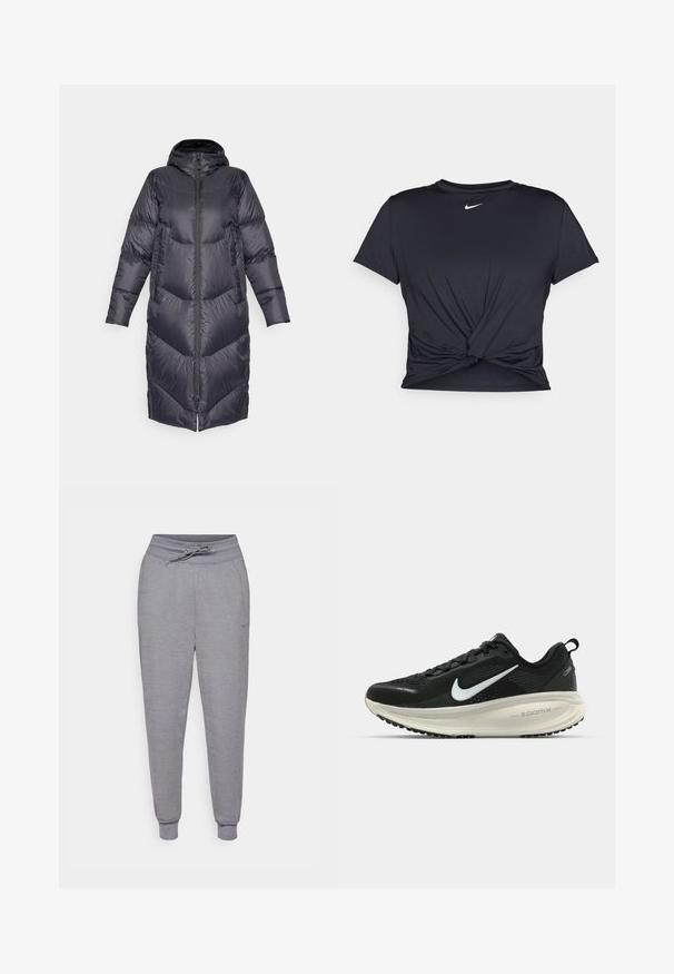 Burton LONG PARKA - Untuvatakki - true black; Musta urheilu T-paita, joka on valmistettu sileästä kankaasta, jossa on solmittu etuosa ja pieni valkoinen Nike-logo rinnassa.; Harmaat tapered-collegehousut, joissa on kiristysnaruvyötärö, resorit lahkeissa ja huomaamaton Nike-logo vasemmassa reisessä. Pehmeä, tekstuuriainen kangas.; Mustat Nike-juoksukengät, joissa on hengittävä verkko-osa, valkoinen swoosh-logo, teksturoitu yksityiskohtaus ja kermaisen värinen ZoomX-välipohja.